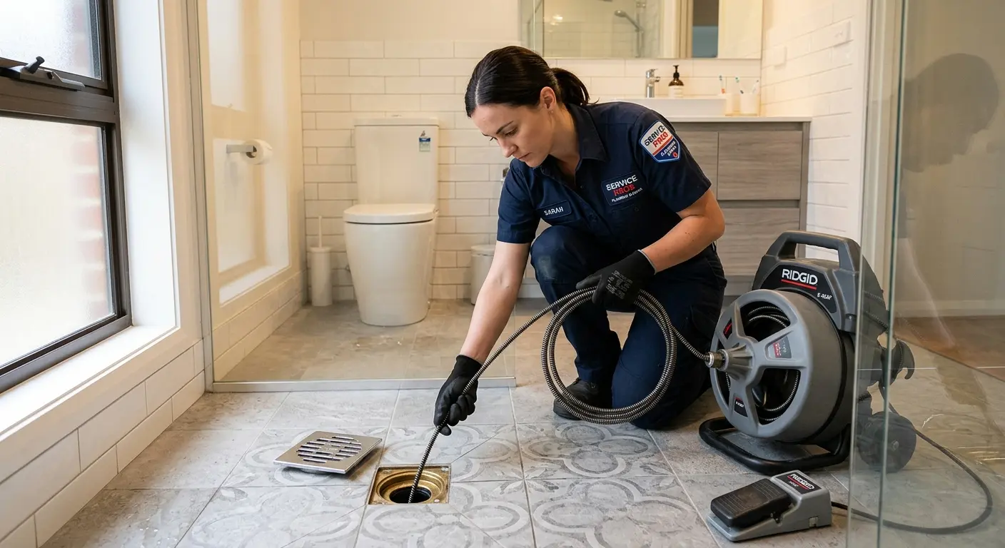 Technician clearing a bathroom floor drain for Drain Cleaning in Farmington
